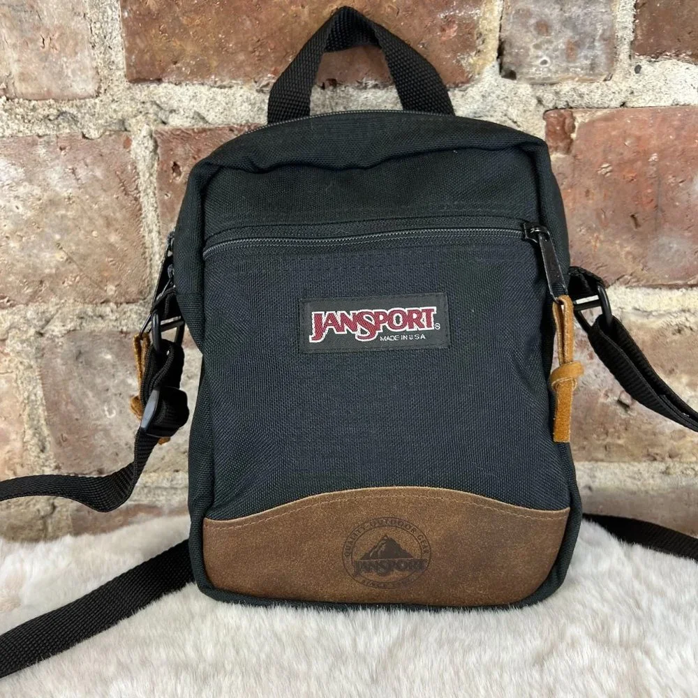 Vintage Jansport Crossbody Bag Black Leather Bottom One Size - Picture 2 of 10
